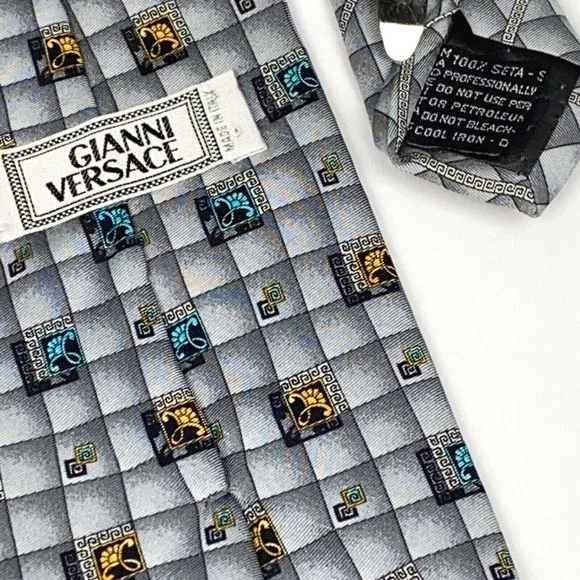 GIANNI VERSACE Vintage 90s Tie Baroque Flower Medusa Grey Squares Plaid Necktie - Picture 7 of 12